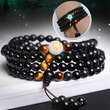 Natural Obsidian & Tiger Eye PROTECTION Bracelet with Glowing Dragon Bead